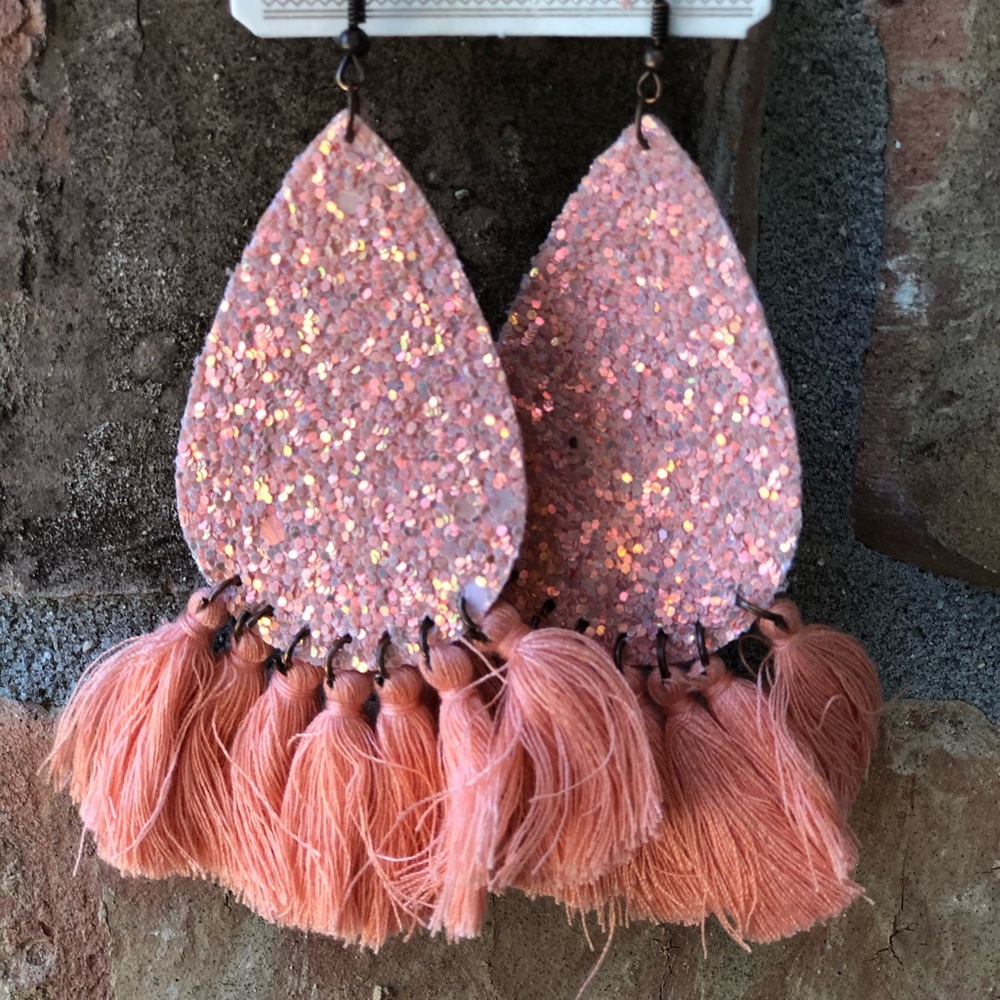 Peach glitter tassel earrings